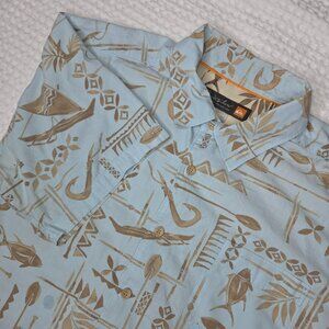 Quiksilver Waterman Button-up Shirt XL Blue Brown Tribal Fish Surf Hawaiian